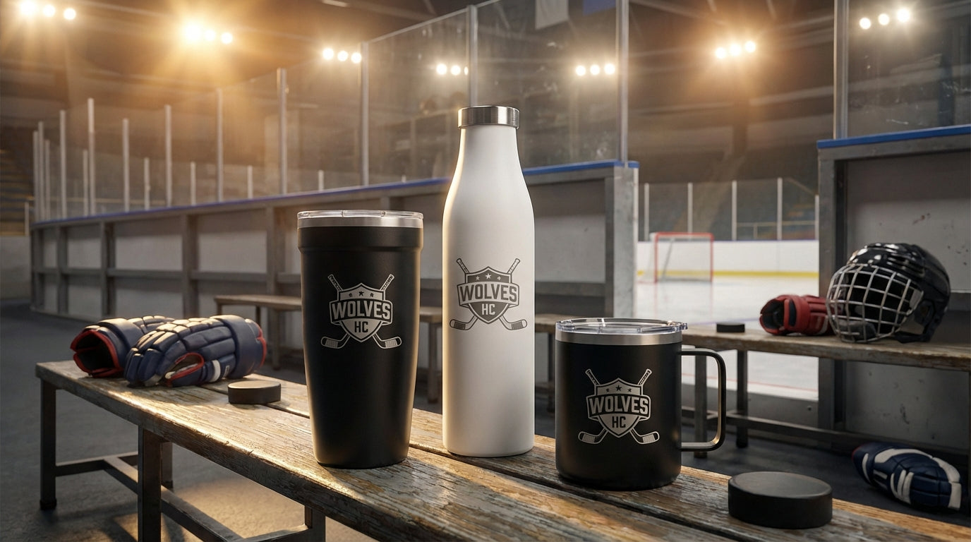 LAMOSE drinkware with hockey team logo in arena