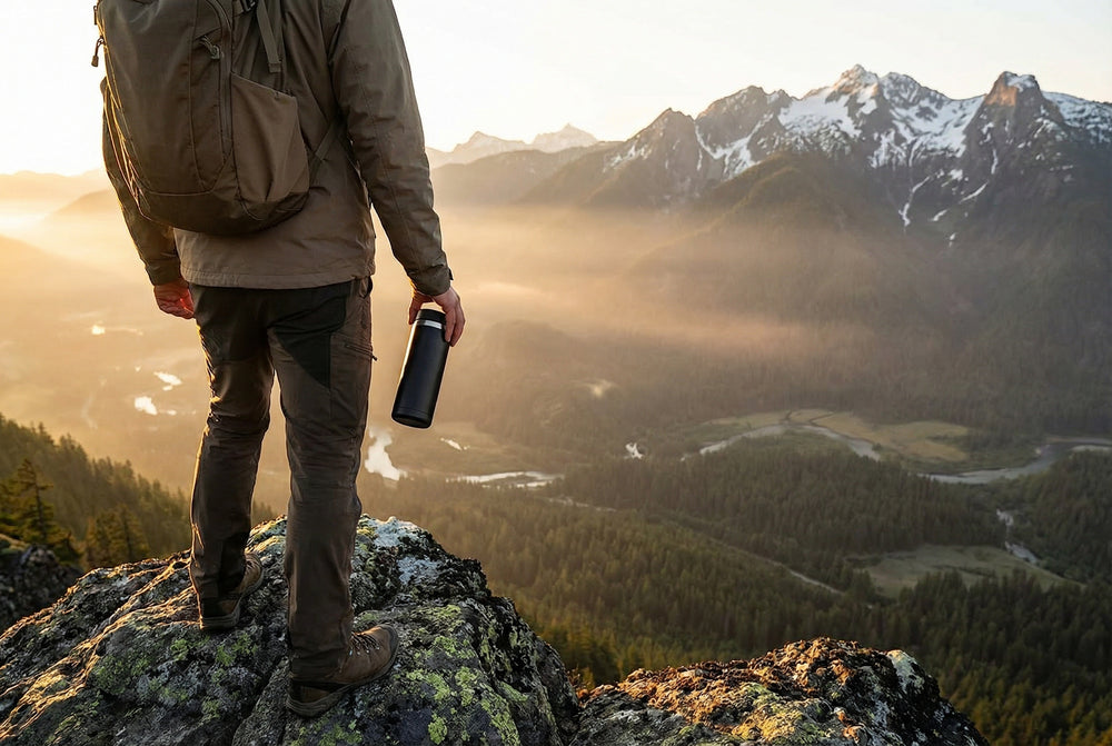 LAMOSE founder hiking Canadian Rocky Mountains with stainless steel bottle at golden hour