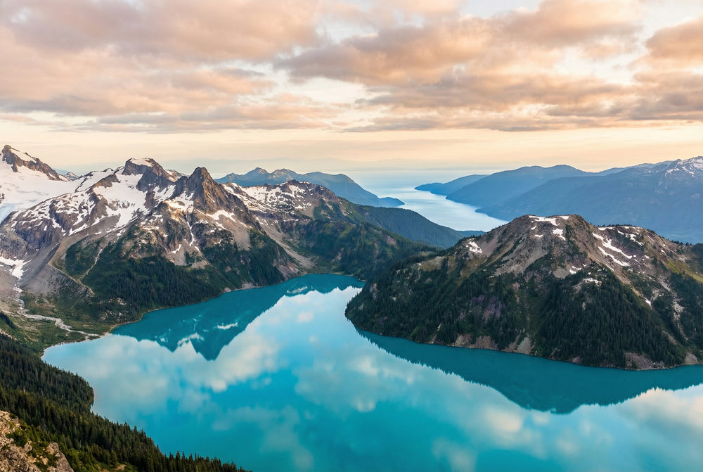 Canadian landscape with turquoise glacial lake mountains and sea - Lake Mountain Sea LAMOSE