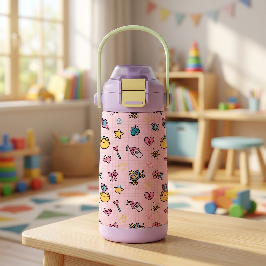LAMOSE Goose 14oz kids water bottle featuring a pink grid pattern with cartoons of crowns, castles, and magic wands, with a purple lid and green handle.
