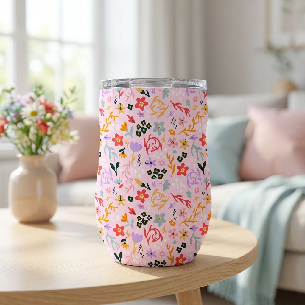 LAMOSE Whistler 16oz insulated wine tumbler featuring a light pink background with a colorful red, orange, and purple floral pattern.