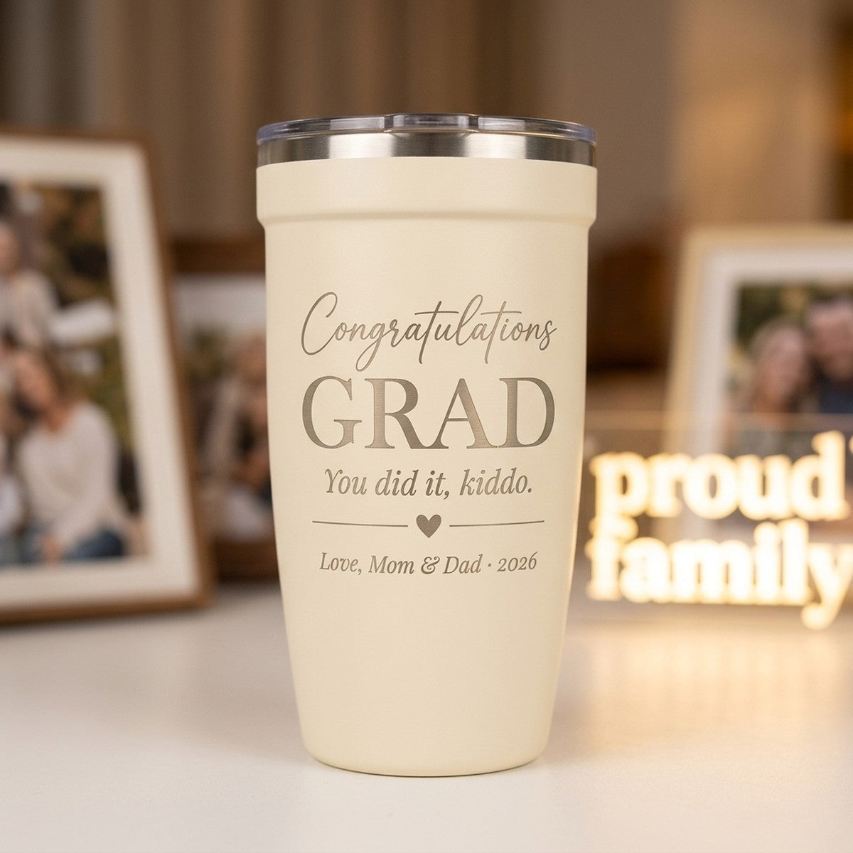 "Congratulations Grad · Love Mom & Dad" Engraved Peyto 16oz — Snow