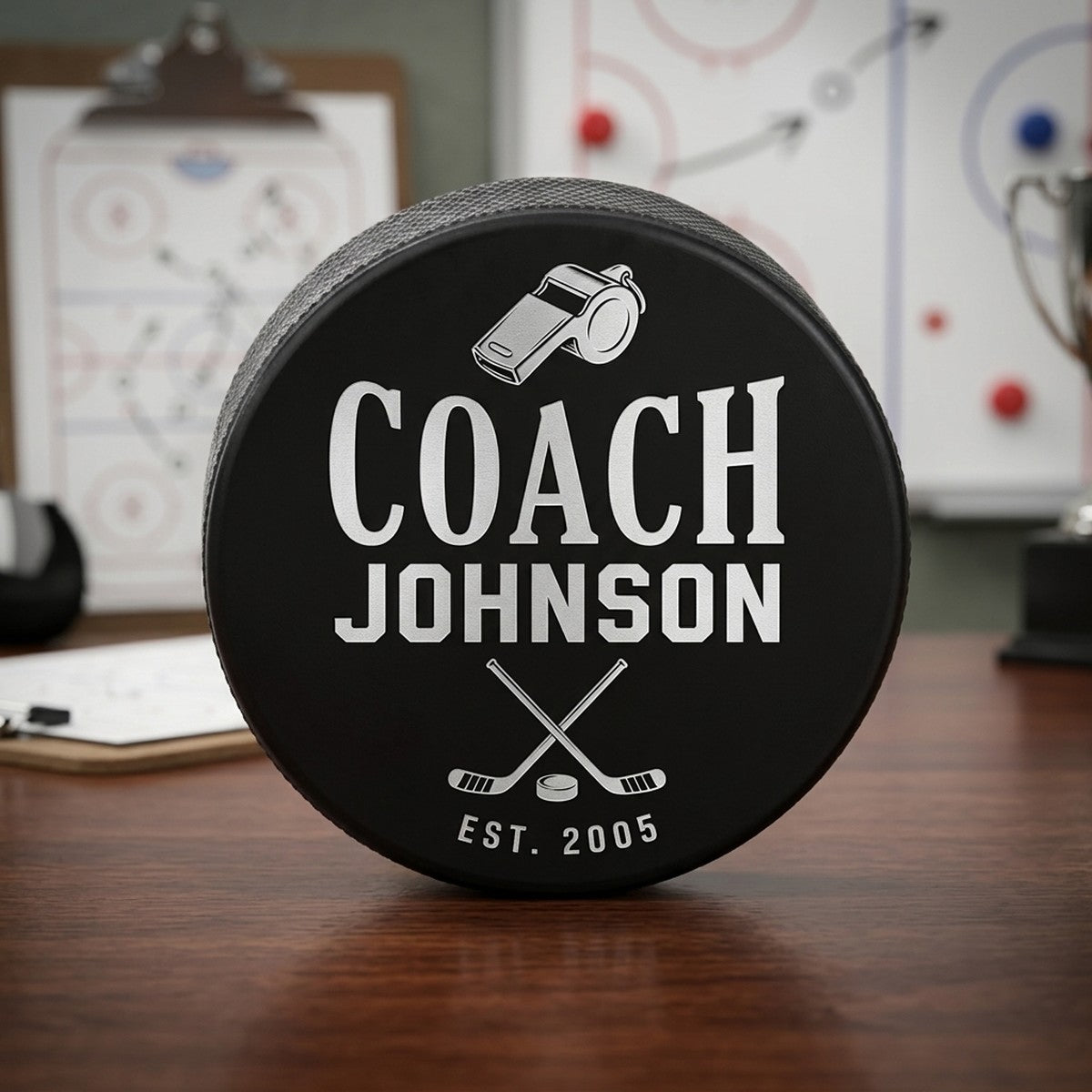 "Coach [Name] Est." Engraved Hockey Puck — Career Milestone