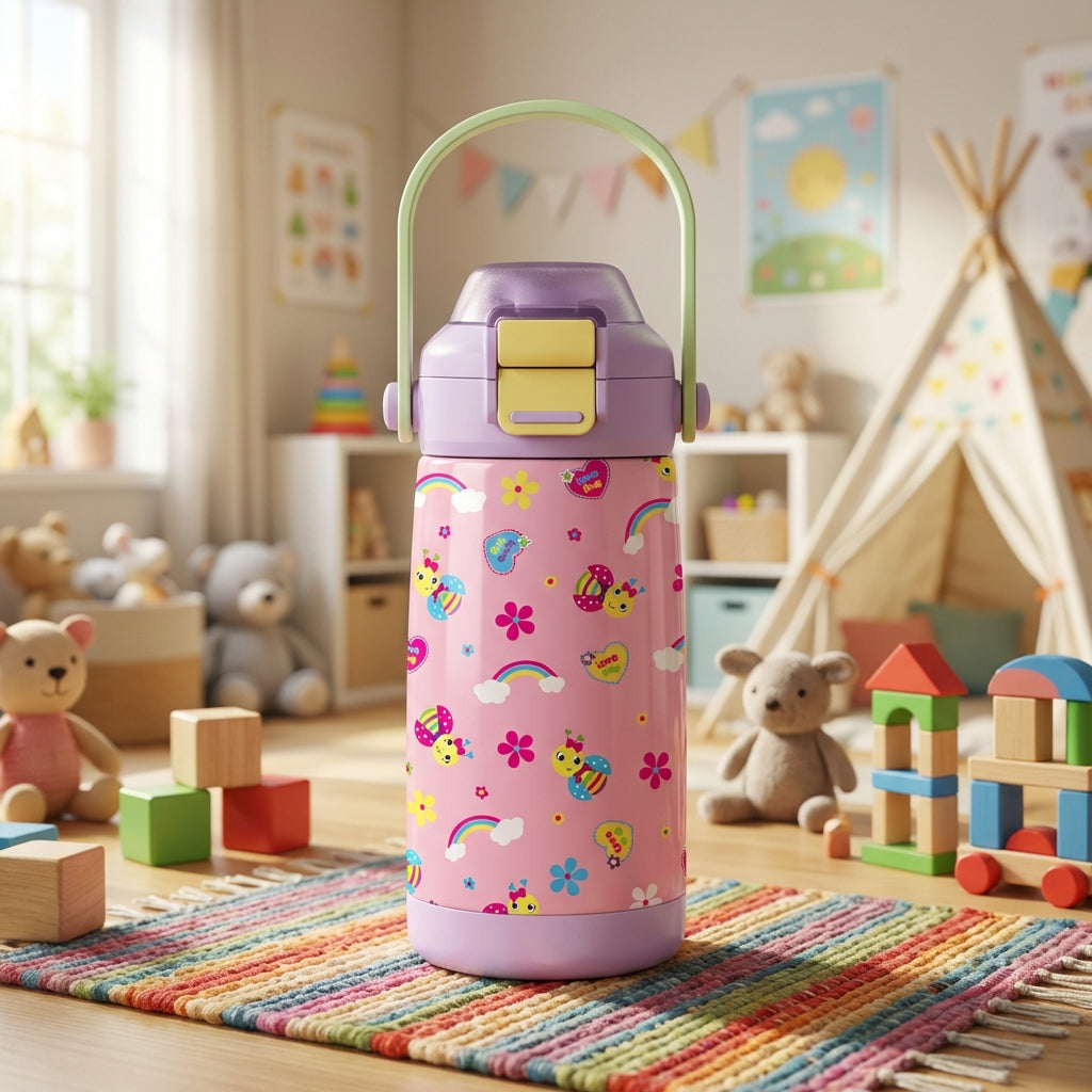 Pink cylindrical kids water bottle featuring cartoon ladybugs, rainbows, and flowers with a purple lid and pastel green handle
