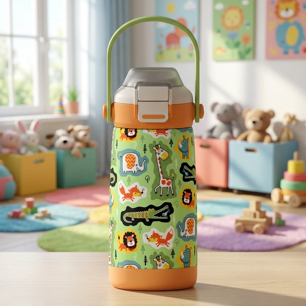 LAMOSE Goose 14oz kids water bottle featuring a colorful jungle animal pattern with lions and elephants on a light green background.