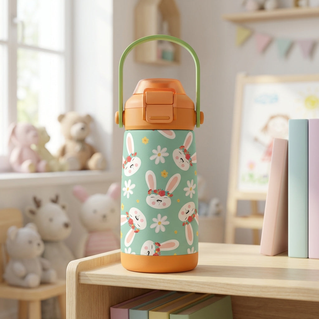 Mint green LAMOSE Goose 14oz kids water bottle featuring a pattern of white bunnies with floral crowns and daisies, accented with a bright orange lid and green handle.