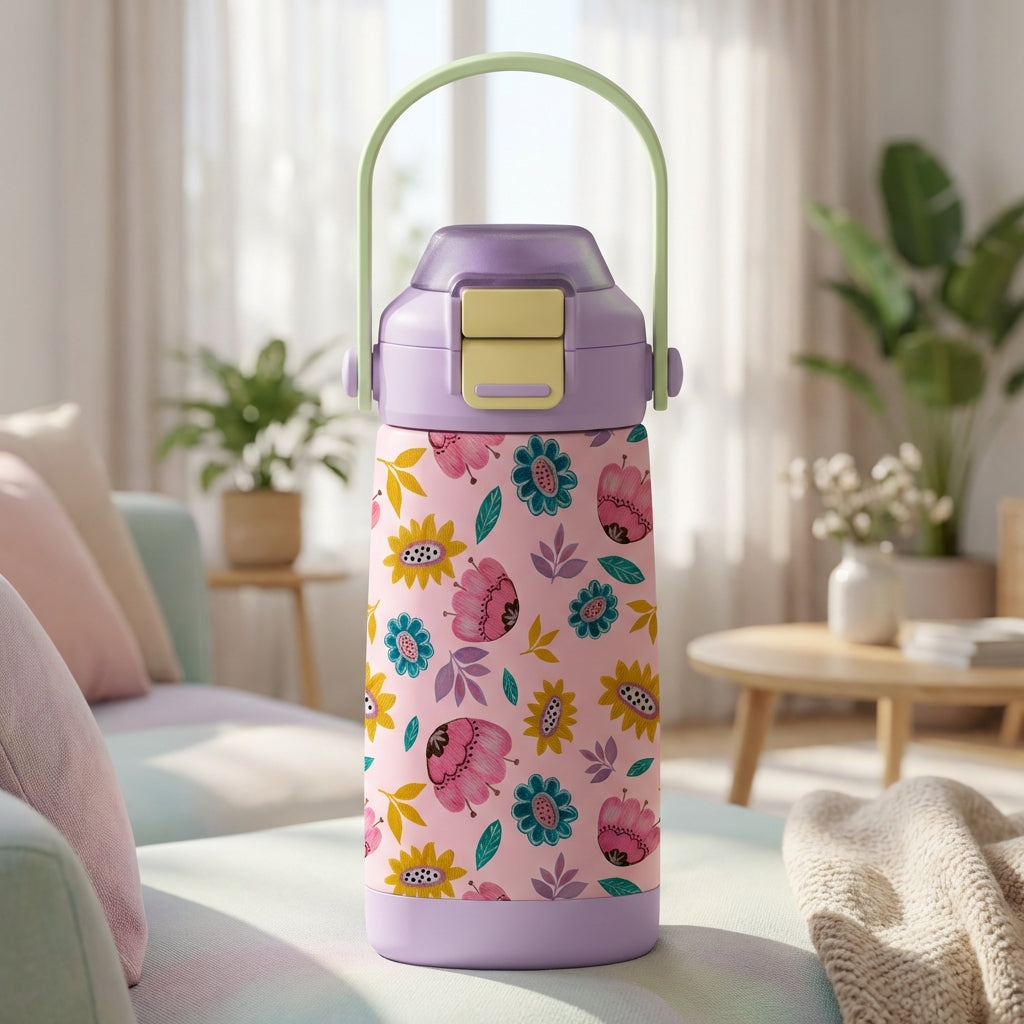 Close up of LAMOSE Goose 14oz kids water bottle featuring pink floral pattern, lavender silicone base, and light green handle sitting on a soft texture.