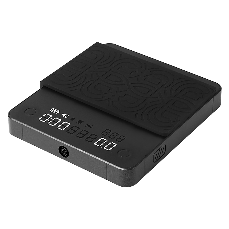 LAMOSE zeroHero mini smart scale in black, angled view. Features an LED display, precision sensors, and a textured heat-resistant silicone pad.