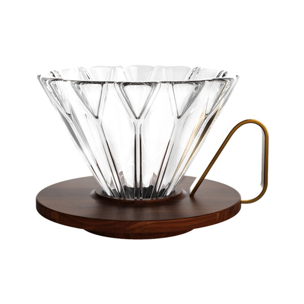 LAMOSE zeroHero clear glass prismatic coffee dripper with dark walnut wood base and gold metal handle, front view.