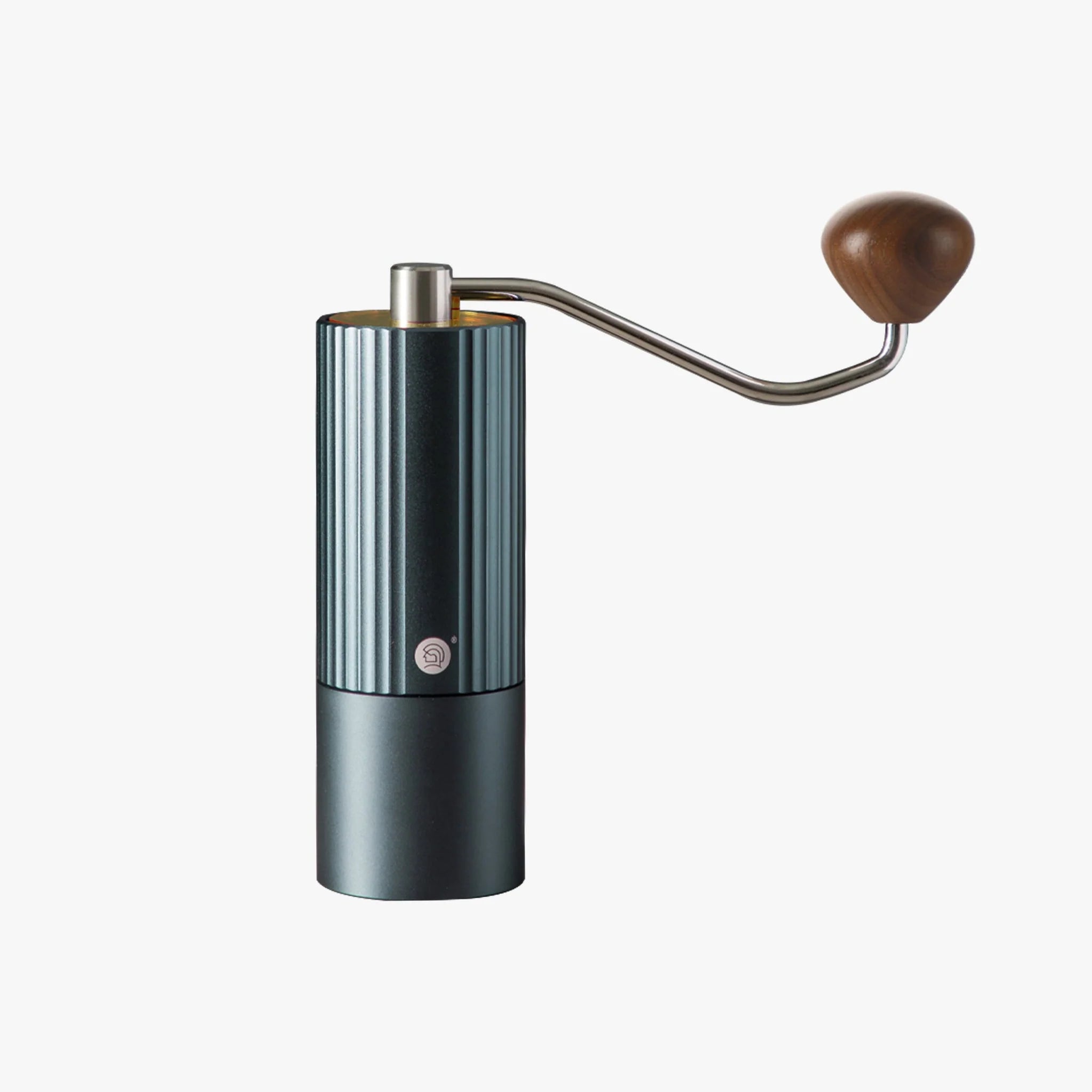 LAMOSE ZeroHero Z3 Pro hand coffee grinder. Dark teal metal body, ribbed design, ergonomic wood handle, steel crank.